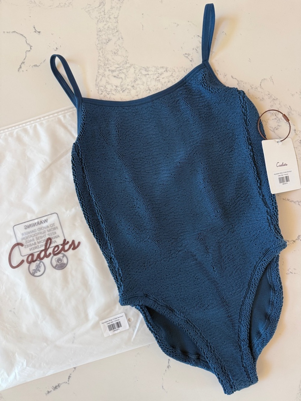 Cadets Adjustable Strap Crinkle One Piece Swimsuit Color Blue Deep Sea One Size